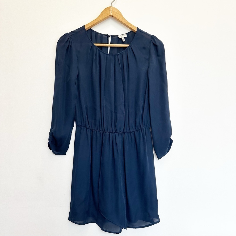 Joie 100% Silk Mini Dress Navy Blue Crewneck Keyhole Long Sleeve Size Small